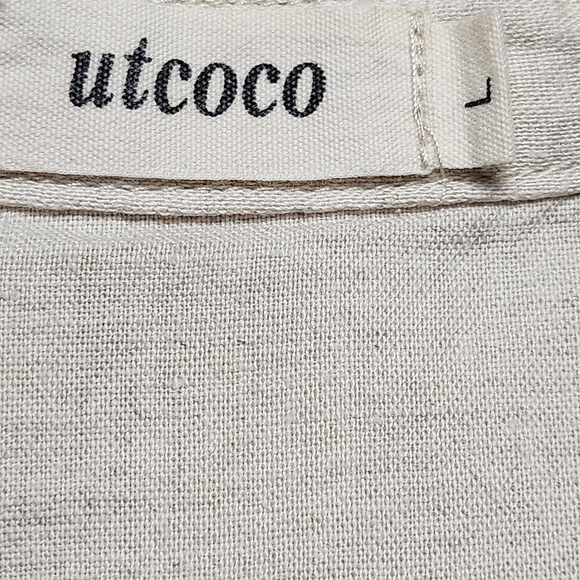 Linen blend Box shirt with embroidery Short sleeves cream color Size L UTCOCO - Picture 9 of 12